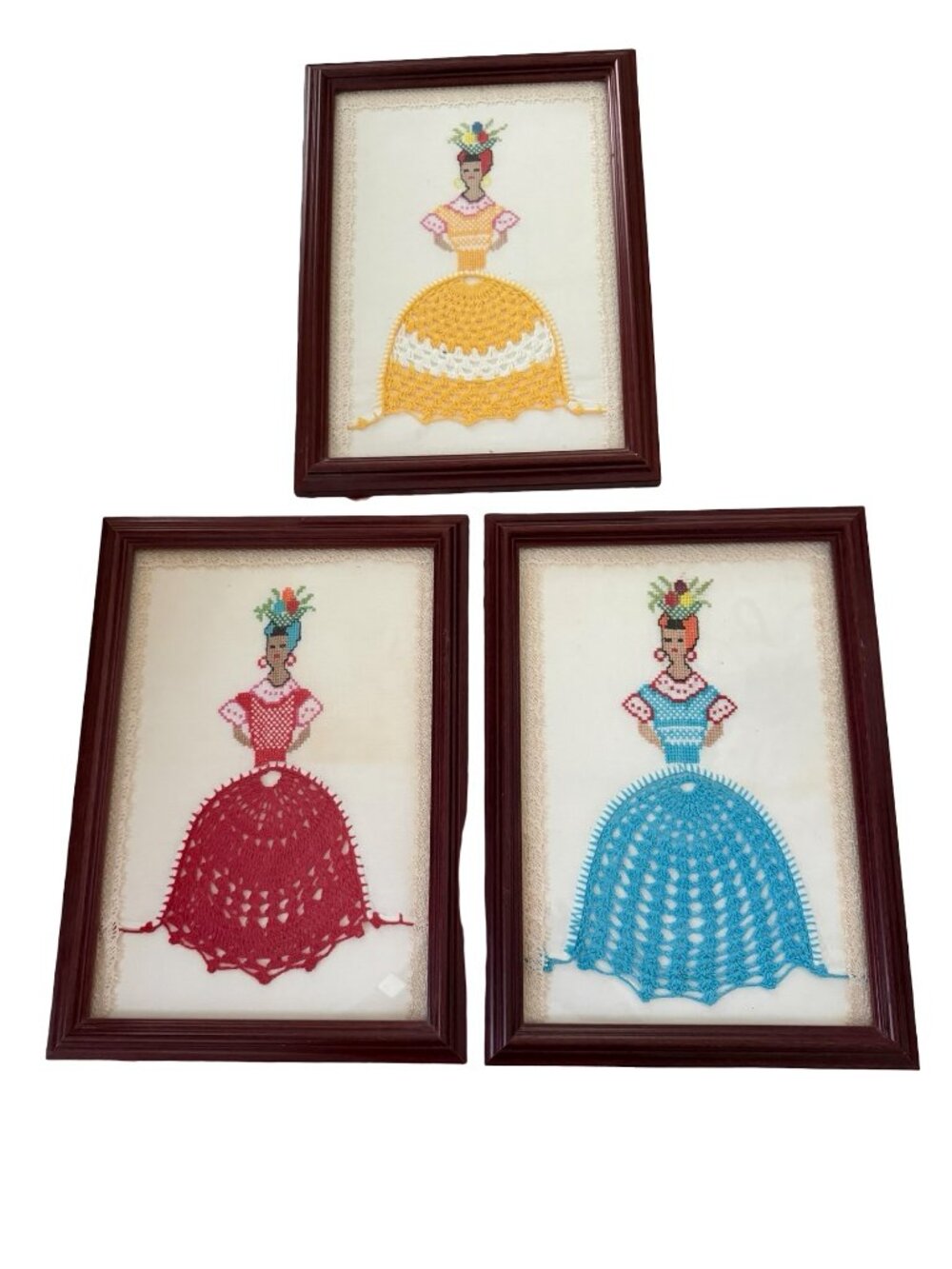 Vintage Framed Cross Stitch Crochet Dress Ladies Wall Art Set of 3 Handmade Need